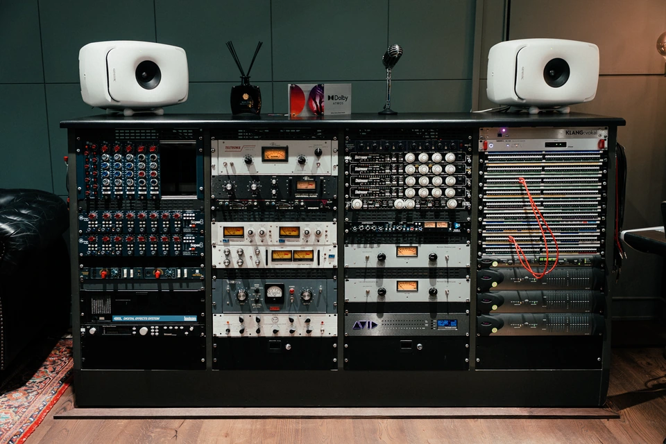 The outboard rack and patchbay in Studio 1 control room