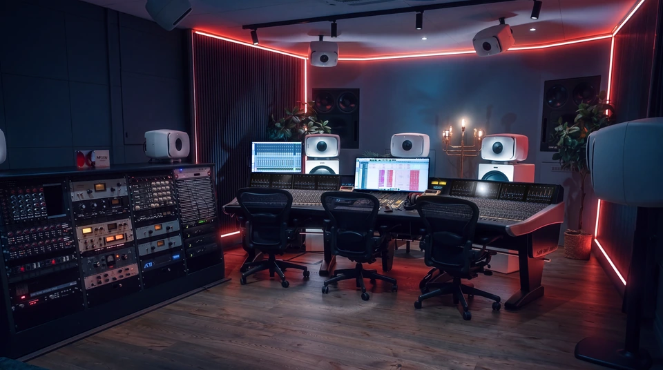 Studio 1 control room with the SSL console, outboard racks and immersive monitoring