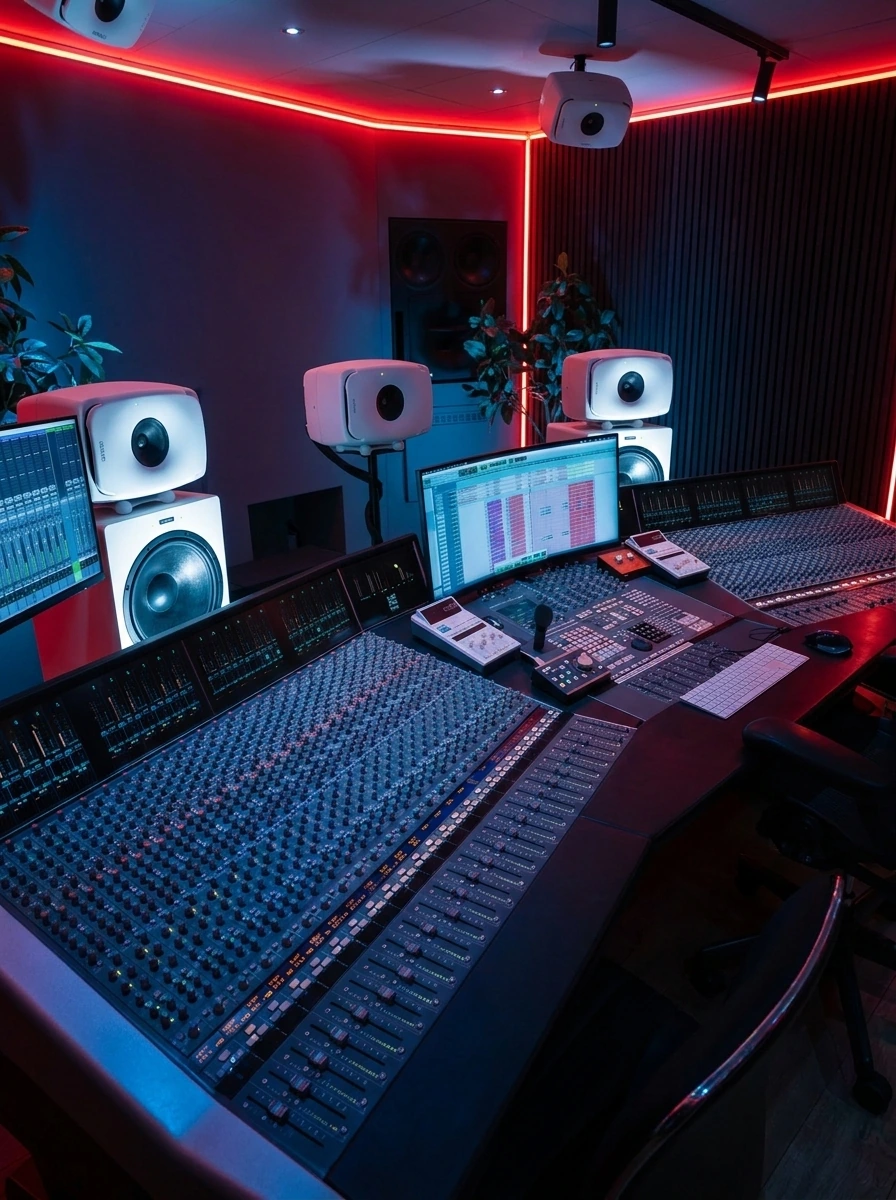 The SSL console and Genelec monitors under red lighting in Studio 1 control room