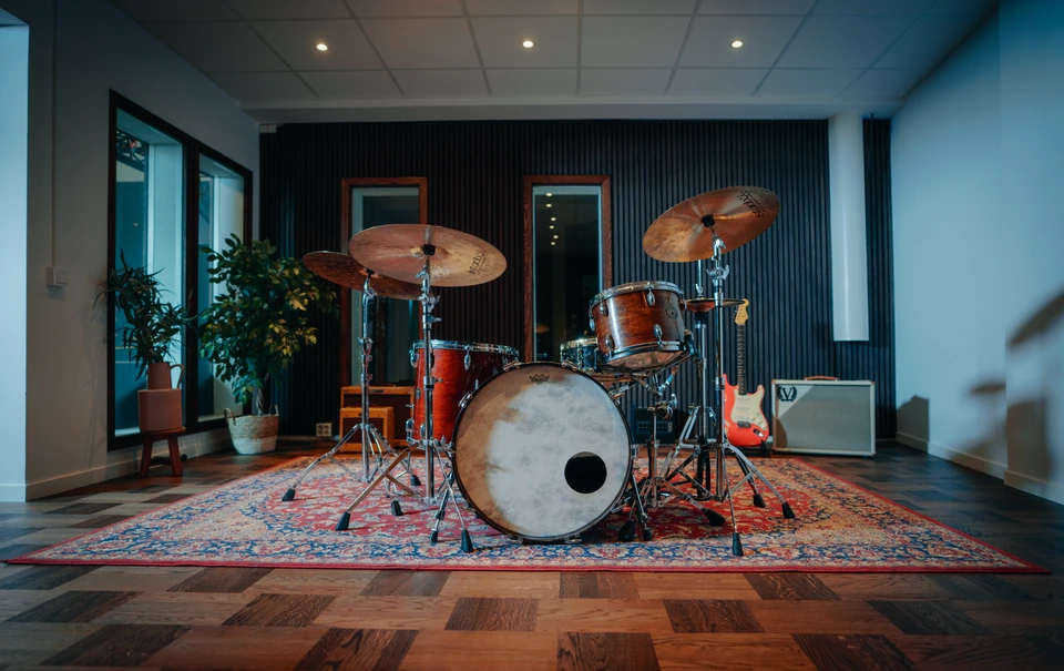 A drum kit in the isolation room